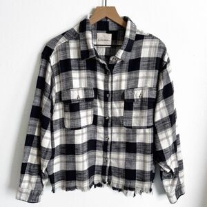 Lucky Brand Top Womens XL Black‎ Plaid Flannel Button Up Fringe Boho Festival